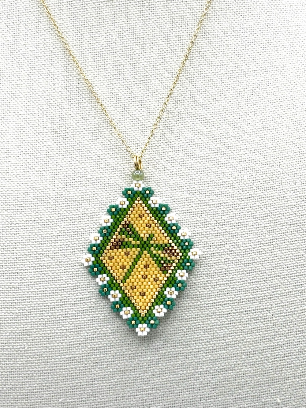 Hand Crafted Green and Gold Beaded Dragonfly Pendant Necklace